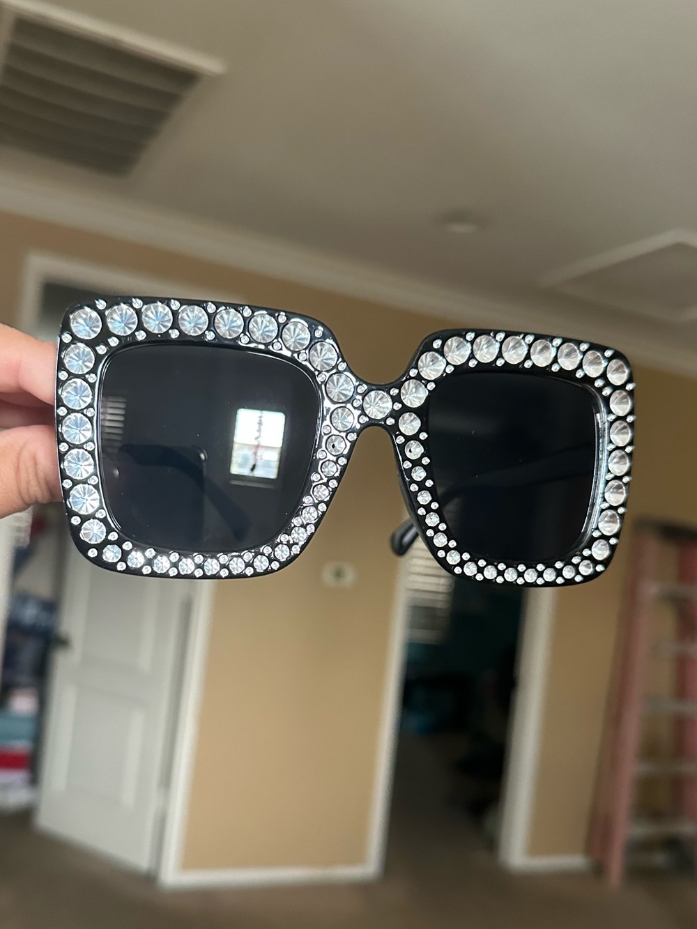 Black Crystal-Embellished Square Sunglasses